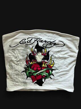 NWT y2k early 2000s style Ed Hardy white tube top with heart design Size S